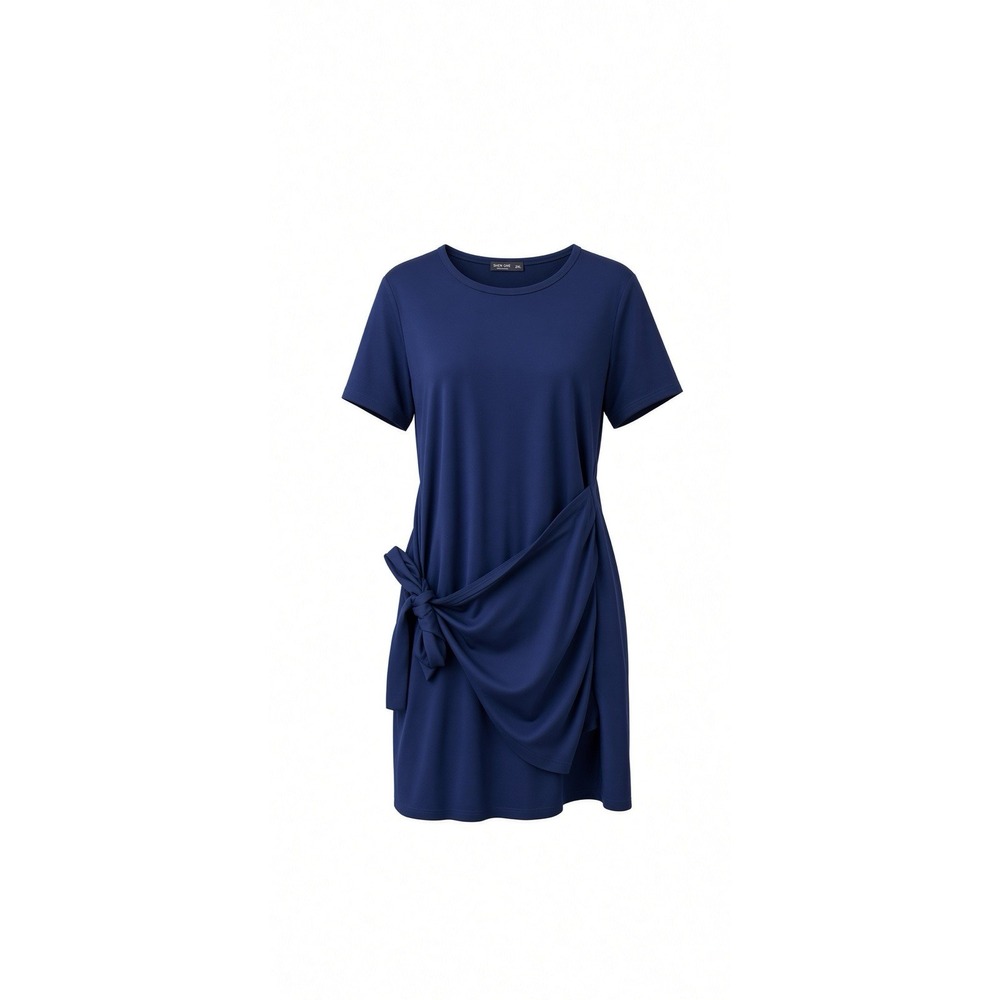SHEIN CURVE Women's Navy Solid Knit Crew Neck Tie Waist T-Shirt Dress 2XL